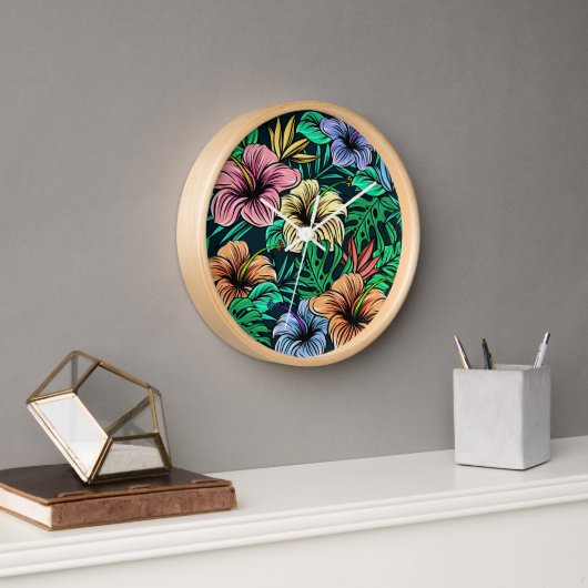 Horloge Couleurs vives florales tropicales (Bureau)