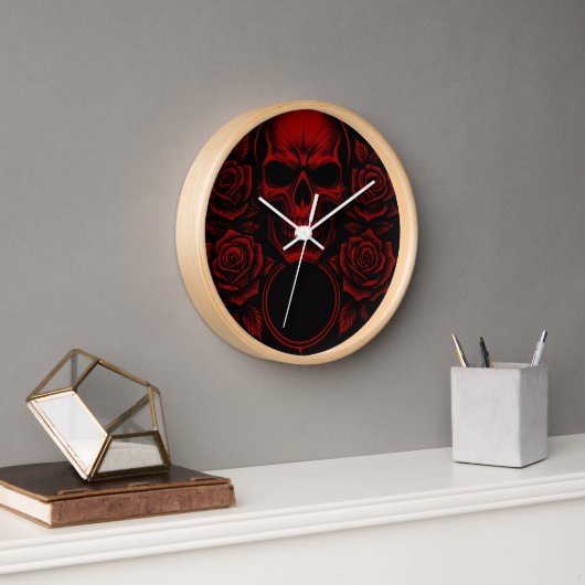Horloge Crâne Rouge avec Roses - Œuvre d'Art Gothique Somb (Bureau)