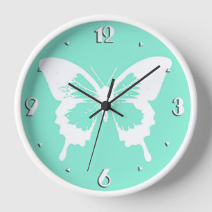 Horloge Croquis papillon, aqua et blanc