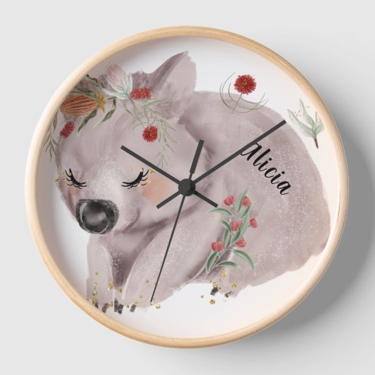 Horloge Cute Baby Wombat Gold Speckle Nom personnalisé (Recto)