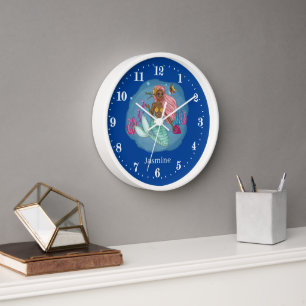 Horloge cute girls fantasy mermaid add name large clock