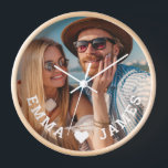 Horloge Cute Love Heart Photo Couples Noms personnalisés<br><div class="desc">Cute Love Heart Photo Couples Noms Personnalisés Les horloges présentent votre photo préférée avec un coeur d'amour et personnalisées avec vos noms dans un script blanc moderne. Personnalisez en modifiant le texte dans la zone de texte fournie et en ajoutant votre propre image. Cadeaux parfaits pour les couples, copine, femme,...</div>