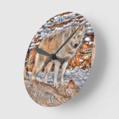 Horloge d'art faunique blanche Loup, neige et rond (Angle)