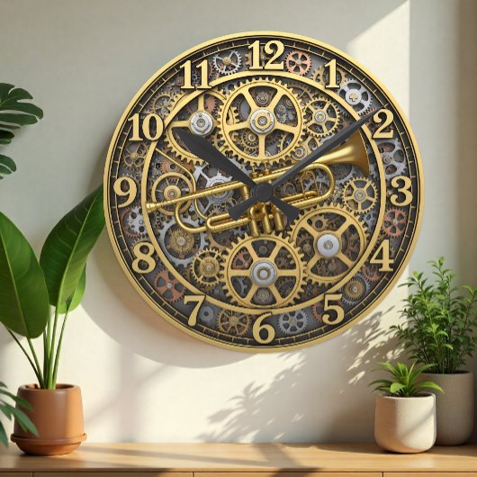 Horloge de trompette de jazz, Steampunk, Or, Musiq