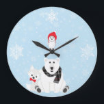 Horloge des animaux de l'Arctique<br><div class="desc">Cette horloge murale présente trois animaux de l'Arctique et un arrière - plan enneigé vinicole bleu et blanc. L'ours polaire porte une écharpe plaid,  le hibou un casquette rouge et le renard une cravate arc rouge.</div>