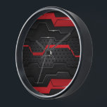 Horloge Design géométrique métallique noir et rouge 2<br><div class="desc">Image d'un dessin géométrique métallique noir et rouge 2. Design masculin moderne.</div>