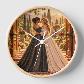 Horloge Deux mariées s'embrassent dans un jardin rond