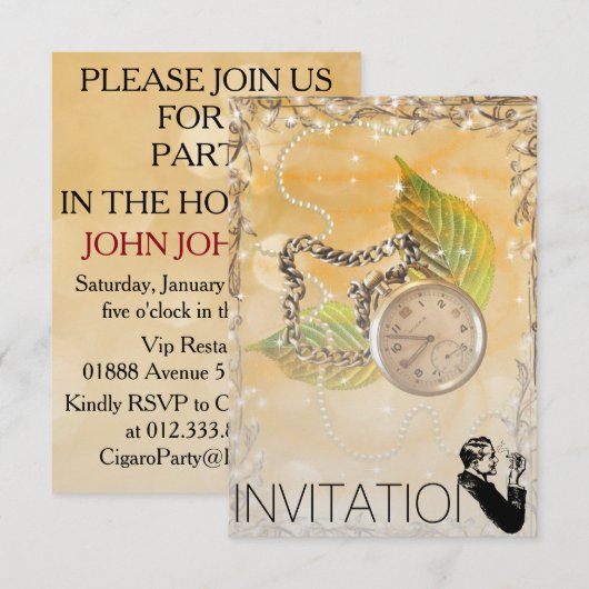 Horloge dorée Perles Gentelmen Invitation (Devant / Derrière)