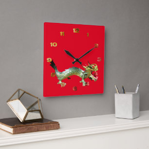 Horloge - Dragon oriental sur rouge