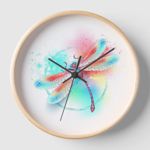 Horloge Dragonfly rouge sur l'arrière - plan aquarelle