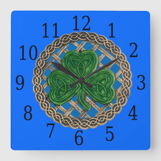 Horloge Du Carré Shamrock Bleu Et Noeuds Celtiques (Recto)