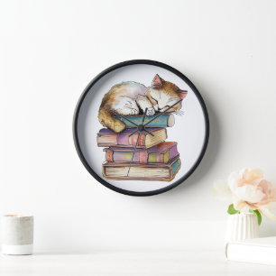 HORLOGE EAU-COULEUR PILE DE LIVRE AVEC CHAT DE SOMMEIL CUT