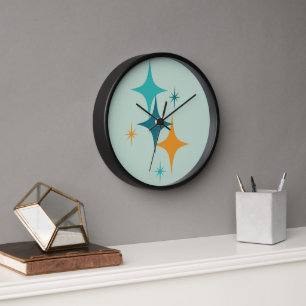 Horloge Éclatement Stellaire Atomique Teal, Aqua, Orange d