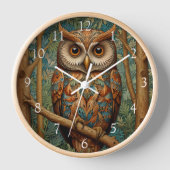 Horloge Élégant hibou rétro boho bohème bohème forêt verte (Recto)