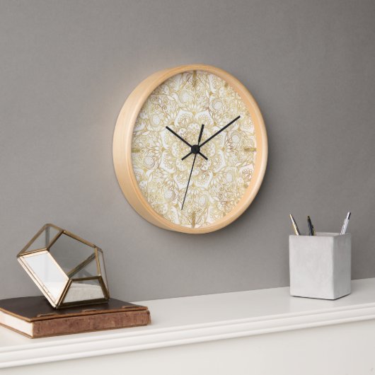 Horloge Élégant Mandala Floral Or Blanc (Bureau)