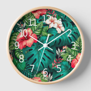 Horloge Élégants Feuilles tropicaux et fleurs d'Hibiscus  