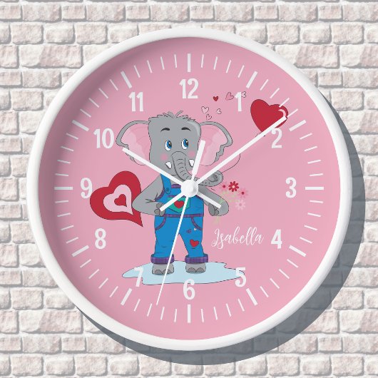 Horloge Eléphant et Coeurs de dessin fille cadran rose