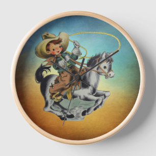 Horloge Enfants cowboy occidentaux vintage sur un cheval a