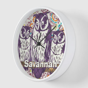 Horloge Famille de hibou géométrique stylisée violet