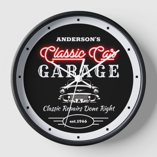 Horloge Faux Red Neon Classic Car Garage Auto et nom (Recto)
