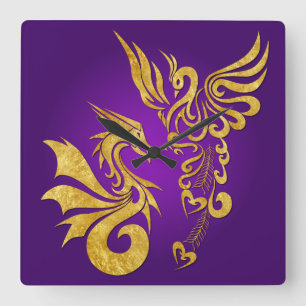 Horloge Feng Shui Golden Phoenix & Dragon - violet