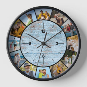 Horloge Ferme Fausse Clôture en Bois Bleu 12 Collage Photo