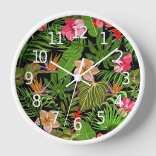 Horloge Feuilles tropicales colorées et fleurs d'hibiscus 