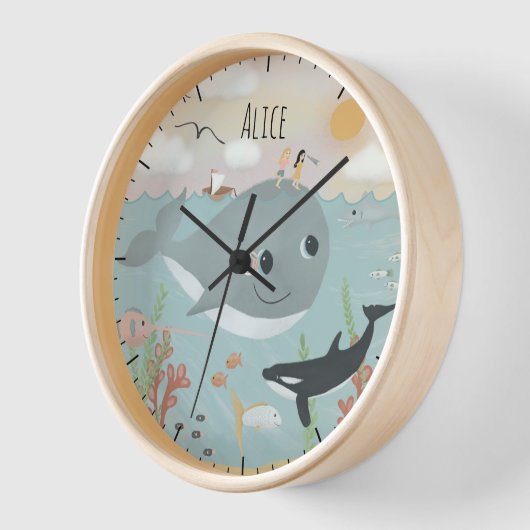 Horloge Filles mignonne Baleine d'océan Illustration Enfan (Angle)