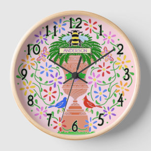 Horloge Fleur Abeille et oiseaux Nouveau Rose Personnalisé