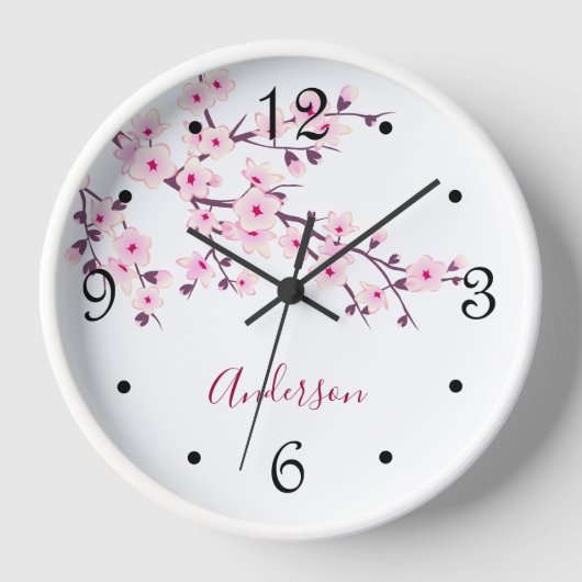 Horloge Fleur de cerisier rose blanc Nom de famille (Recto)