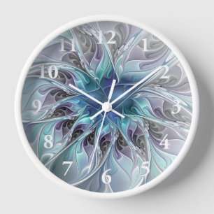 Horloge Fleur fractale moderne abstraite avec du bleu