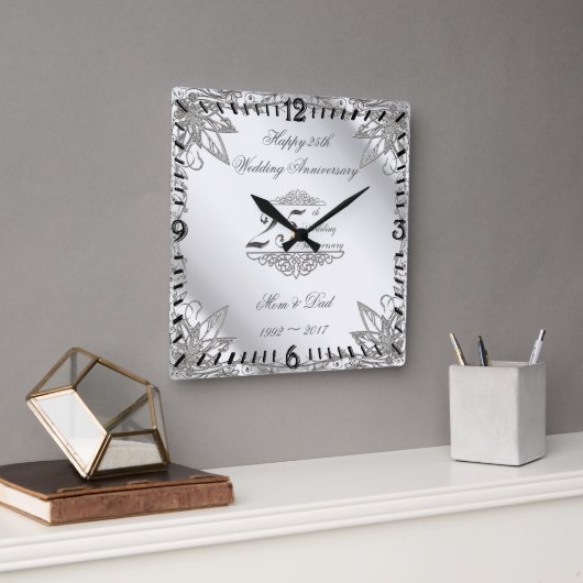 Horloge fleurie en argent 25e anniversaire Mariage (Bureau)