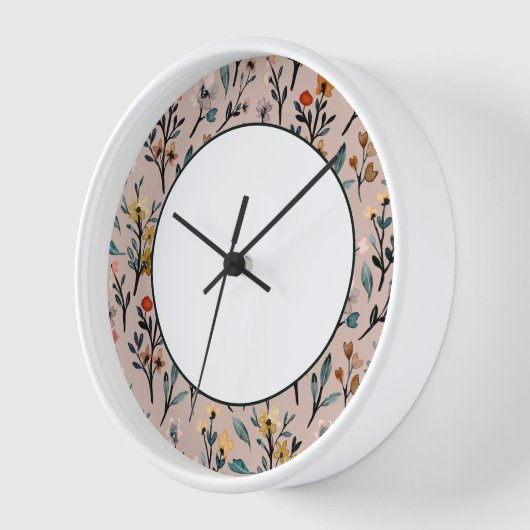 Horloge Fleurs bohèmes : Aquarelle Rose poussiéreuse (Angle)