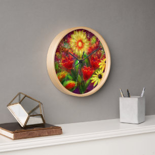 Horloge Fleurs florales Fleur Art Abstrait Rouge Jaune