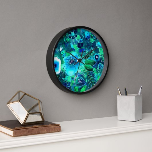 Horloge Fleurs florales Turquoises Abstraites (Bureau)