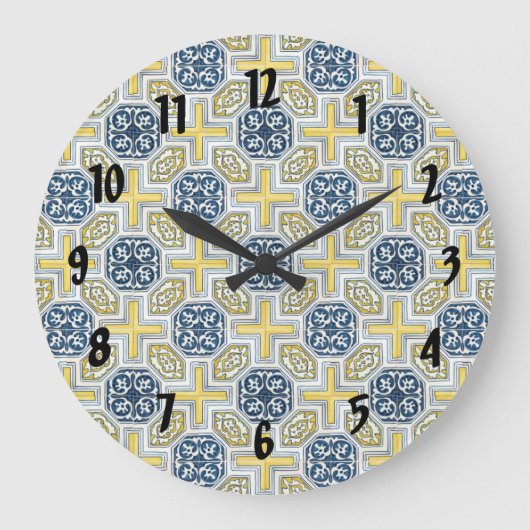 Horloge Fleurs Géométriques Jaune Bleu Chiffres No (Recto)