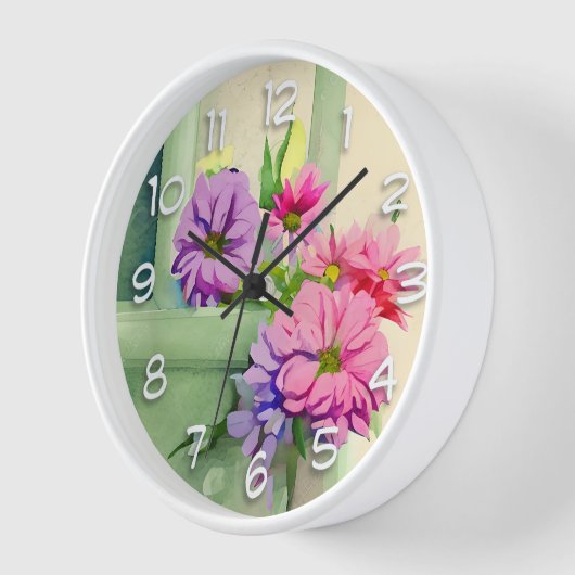 Horloge Fleurs roses et violettes sur fond de fenêtre (Angle)
