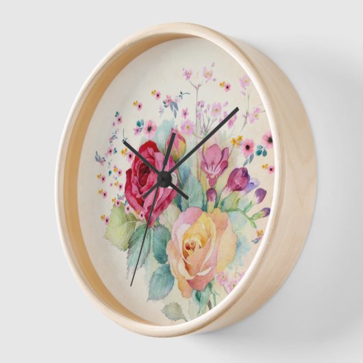 Horloge Fleurs roses sur Ecru (Angle)
