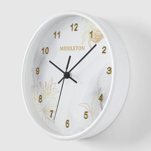 Horloge Floral or Abstrait moderne sur le Marbre blanc (Angle)