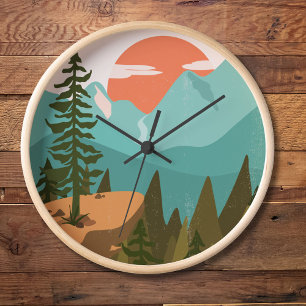 Horloge Forêt Abstraite Moderne, Montagnes et Lever de Sol