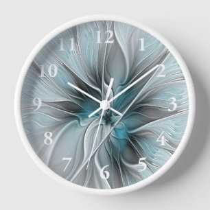 Horloge Fractal Floral Moderne Abstrait Fleur Bleu Gris
