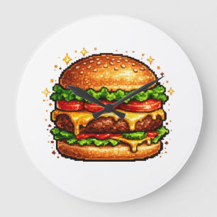 Horloge Fromage Burger Pixel Rétro