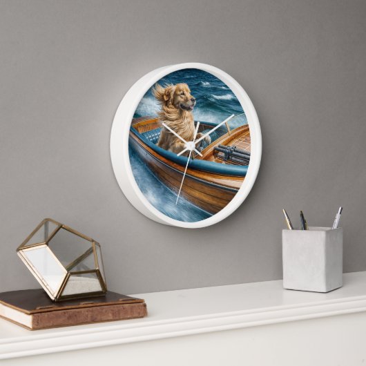 Horloge Golden Retriever conduisant un bateau en bois Vint (Bureau)