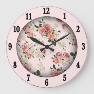 Horloge grande florale vintage rose sur rose