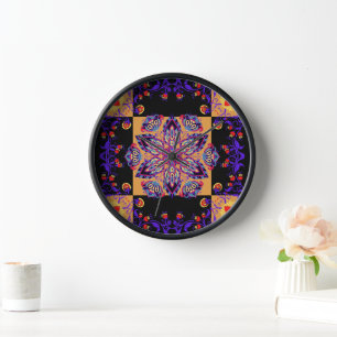 Horloge Graphique noir et violet Art Floral, Violet Nature