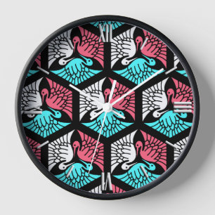 Horloge Grues japonaises, corail, turquoise et noir
