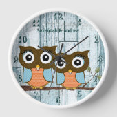 Horloge Hiboux oiseaux amoureux personnalisés en bois aqua (Recto)