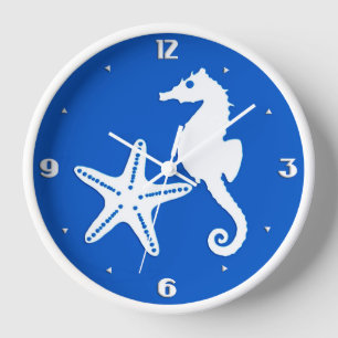 Horloge Hippocampe & étoile de mer - blanc sur bleu de cob