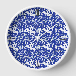 Horloge Ikat Floral Damask - Cobalt bleu et blanc