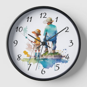Horloge Illustration aquarelle d'un père et d'un fils en a